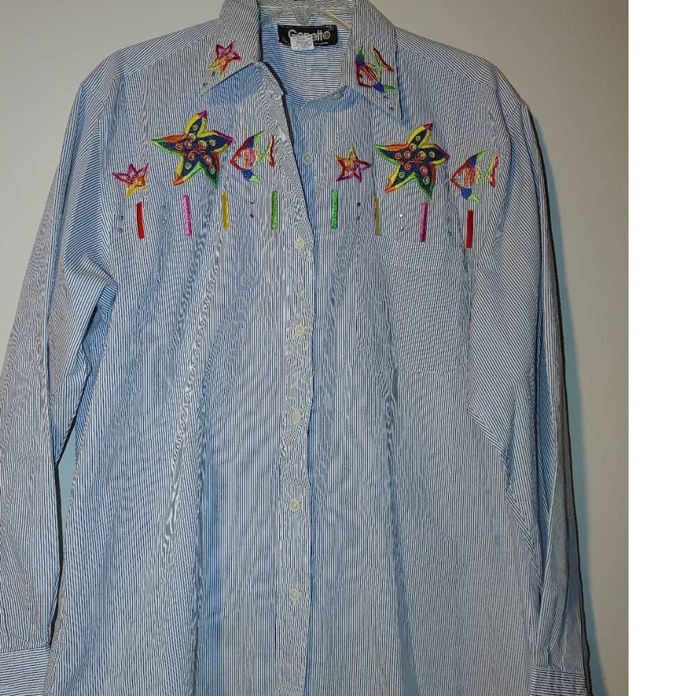 Vintage Gepetto Embroidered Striped Button Down Shirt Starfish Medium